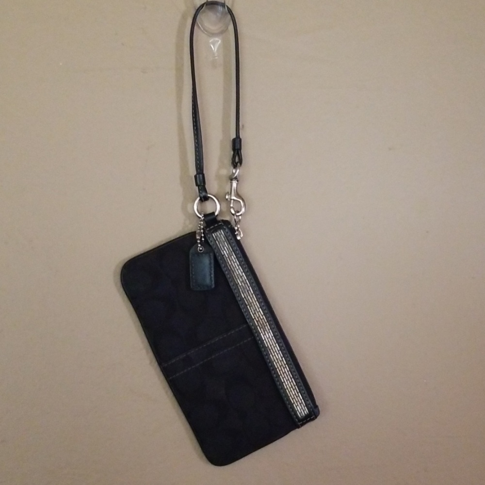 Black Coach wristlet with silver bugle beeds